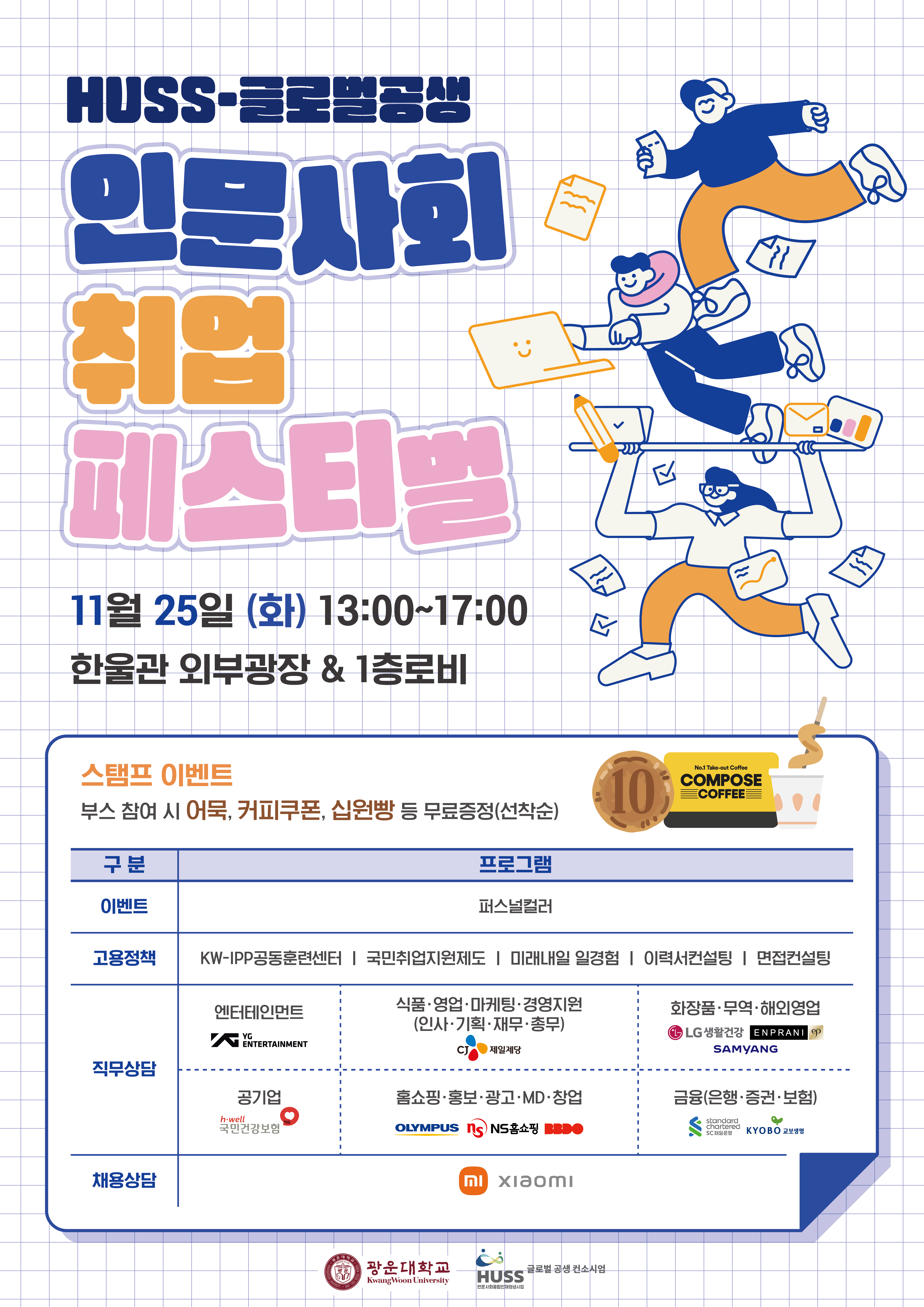 1. 행사명: HUSS-글로벌공생 인문사회 취업 페스티벌
2. 일정: 2025년 11월 25일(화) 13시~17시
3. 장소: 한울관 외부광장&1층 로비
4. 운영 부스: 직무상담 부스, 고용정책 부스, 채용상담(샤오미 코리아) 부스, 이벤트 부스 (* 자세한 사항 포스터 참조)
5. 혜택: 부스 참여 시 어묵, 커피쿠폰, 십원빵 등 무료 증정
6. 문의: 광운대학교 글로벌 공생 HUSS 사업단 02-940-8273 / 한울관 220호