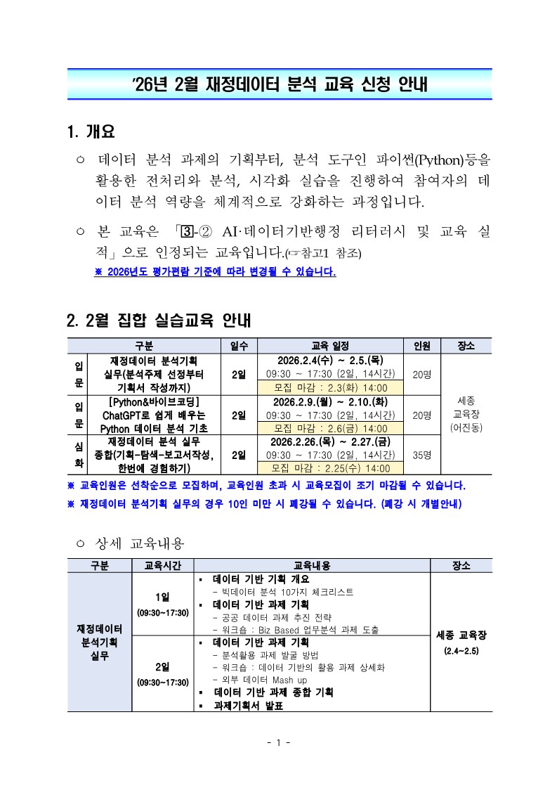 26년 2월 재정데이터 분석, 활용교육 신청 안내