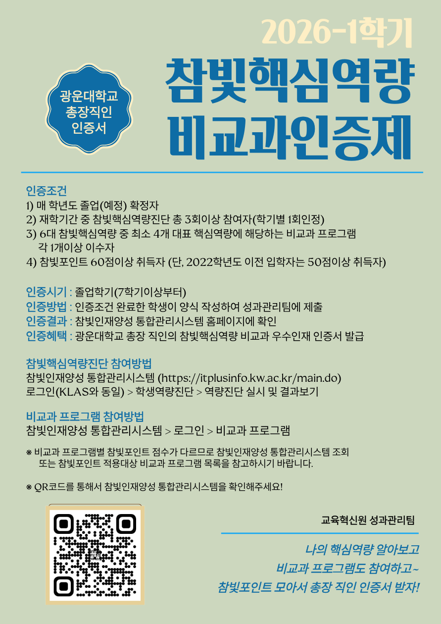 참빛핵심역량 비교과인증제란? 

비교과인증제 안내링크 : https://itplusinfo.kw.ac.kr/user/extracurricular/extContent1.do?CURRENT_MENU_CODE=MENU4068&TOP_MENU_CODE=MENU2014

​1. 인증조건
 - 매 학년도 졸업(예정)확정자
 - 재학기간 중 참빛핵심역량진단 총 3회이상 참여자(학기별 1회인정)

 - 6대 참빛핵심역량 중 최소 4개 대표핵심역량에 해당하는 비교과 프로그램 각 1개이상 이수자
 - 참빛포인트 60점이상 취득자(단, 2022학년도 이전 입학자는 50점이상 취득자)

2. 인증시기 : 졸업학기(7학기이상부터)

3. 인증방법 : 인증조건 완료 한 학생이 양식 작성하여 성과관리팀에 제출

4. 인증결과 : 참빛인재양성 통합관리시스템 홈페이지에서 확인

5. 인증혜택 : 광운대학교 총장 직인의 참빛핵심역량 비교과 우수인재 인증서 발급

6. 참빛핵심역량진단 참여방법
  참빛인재양성 통합관리시스템 홈페이지 : https://itplusinfo.kw.ac.kr/main.do 

  로그인(KLAS와 동일) > 학생역량진단 > 역량진단 실시 및 결과보기

7. 비교과 프로그램 참여방법 : 참빛인재양성 통합관리시스템 > 로그인 > 비교과 프로그램

 ※ 비교과 프로그램별 참빛포인트 점수가 다르므로, 참빛인재양성 통합관리시스템 조회 또는 참빛포인트 적용대상 비교과 프로그램 목록을 참고하시기 바랍니다.​
