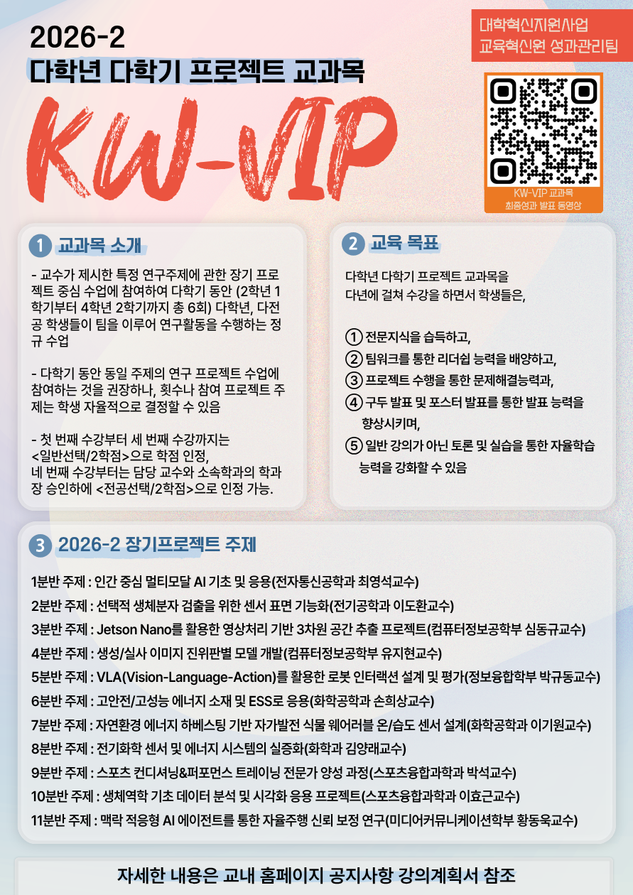 교수가 제시한 특정 연구주제에 관한 장기 프로젝트 중심 수업에 다학기 동안 다학년, 다전공 학생들이 팀을 이루어 연구활동을 수행하는 정규수업

(※2학년 1학기~4학년 2학기까지, 총 6회 수강가능)

첫번째 수강부터 세번째 수강까지는 <일반선택/2학점>으로 학점이 인정되고,

네번째 수강부터는 담당교수와 소속학과의 학과장 승인 하에 <전공선택/2학점>으로 인정가능합니다.  

 

<2026학년도 2학기 프로젝트 주제>

1분반 주제 : 인간 중심 멀티모달 AI 기초 및 응용(전자통신공학과 최영석 교수)

2분반 주제 : 선택적 생체분자 검출을 위한 센서 표면 기능화(전기공학과 이도환 교수)
3분반 주제 : Jetson Nano를 활용한 영상처리 기반 3차원 공간 추출 프로젝트(컴퓨터정보공학부 심동규 교수)
4분반 주제 : 생성/실사 이미지 진위판별 모델 개발(컴퓨터정보공학부 유지현 교수)
5분반 주제 : VLA(Vision-Language-Action)를 활용한 로봇 인터랙션 설계 및 평가(정보융합학부 박규동 교수)
6분반 주제 : 고안전/고성능 에너지 소재 및 ESS로 응용(화학공학과 손희 상교수)
7분반 주제 : 자연환경 에너지 하베스팅 기반 자가발전 식물 웨어러블 온/습도 센서 설계(화학공학과 이기원 교수)
8분반 주제 : 전기화학 센서 및 에너지 시스템의 실증화(화학과 김양래 교수)
9분반 주제 : 스포츠 컨디셔닝&퍼포먼스 트레이닝 전문가 양성 과정(스포츠융합과학과 박석 교수)
10분반 주제 : 생체역학 기초 데이터 분석 및 시각화 응용 프로젝트(스포츠융합과학과 이효근 교수)

11분반 주제 : 맥락 적응형 AI 에이전트를 통한 자율주행 신뢰 보정 연구(미디어커뮤니케이션학부 황동욱 교수)



