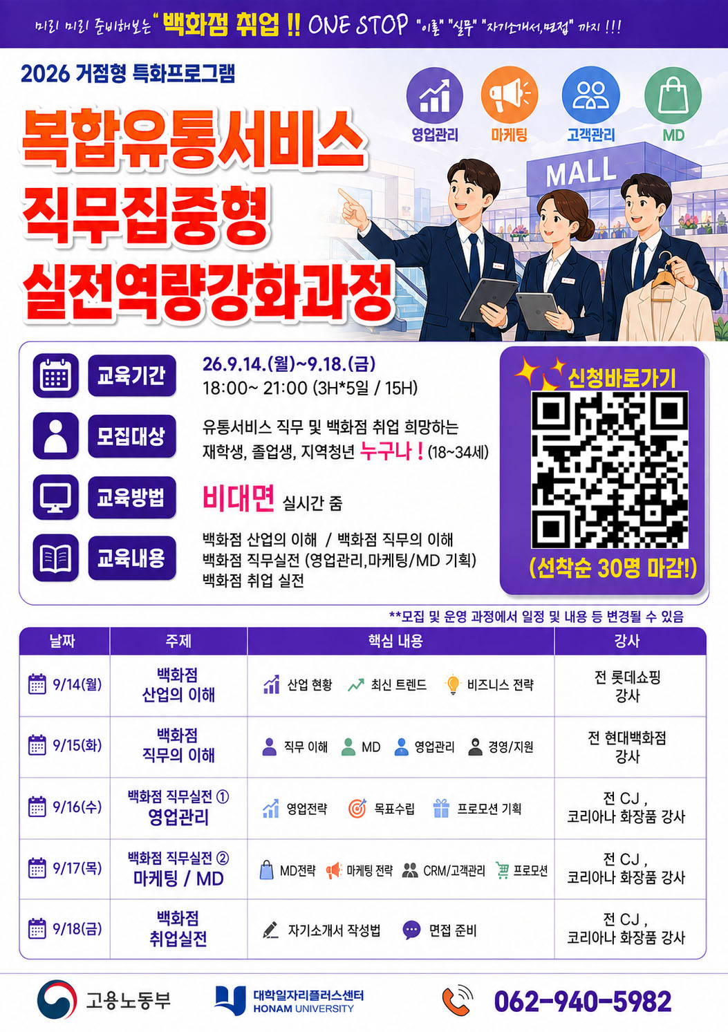 백화점·유통서비스 분야 취업을 희망하는 학생들을 대상으로 실전 직무역량 강화 프로그램을 운영합니다.
기간: 2026. 9. 14.(월) ~ 9. 18.(금) 18:00~21:00
방식: 비대면 실시간 교육
대상: 재학생·졸업생·지역청년(18~34세)
내용: 백화점 산업 및 직무 이해, 영업관리, 마케팅·MD, 자기소개서·면접 준비
인원: 선착순 30명
신청: 홍보물 QR코드
문의: 062-940-5982
백화점·유통 분야 취업을 준비하는 학생들의 많은 관심과 참여 바랍니다.